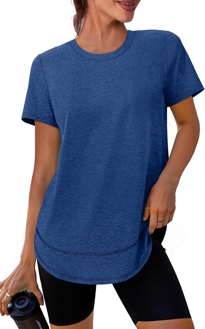 Womens Workout Tops Short Sleeve Shirts with Sun Protection Trendy Spring Summer Outfits S-3XL (XX-Large, 05 Navy Blue)