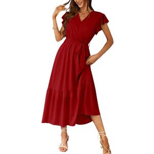 PRETTYGARDEN Women's Summer Floral Boho Maxi Dress Short Sleeve Wrap V Neck Ruffle Long Flowy Beach Wedding Guest Dresses (Large, Solid Wine Red)