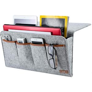 Bedside Caddy, Large Size Storage Organizer with 7 Pockets for Magazine, Remotes, Phone (17.3'' x 18.1'', Light Grey)