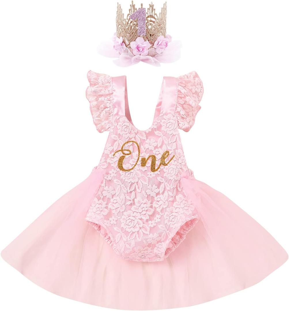 IBTOM CASTLE Baby Girl 1st Birthday Outfit Boho One Ruffle Lace Romper Princess Tutu Backless Dress Photoshoot Party Clothes (9-12 Months, Pink+crown)