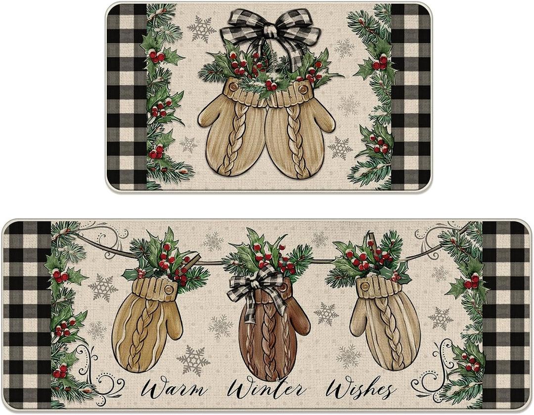 Tailus Warm Winter Wishes Mitten Kitchen Rugs Set of 2, Buffalo Plaid Check Bow Red Berry Farmhouse Kitchen Mats Decor, Christmas Holiday Floor Door Mat Home Decorations -17x29 and 17x47 Inch