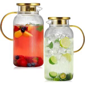 2 Pack Glass Pitcher with Lid, 68 oz/2 Liter Vertical Stripe Round Pitcher with Handle, Heat Resistant, Suitable for Refrigerator Storage, Iced Tea, Coffee, Lemonade, Juice, and Beverage Container