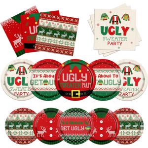 HAKOTI Christmas Party Decorations,60Pcs Ugly Sweater Party Decorations Set Christmas Plates and Napkins for New Year Ugly Sweater Dinnerware Xmas Holiday Party Disposable Supplies