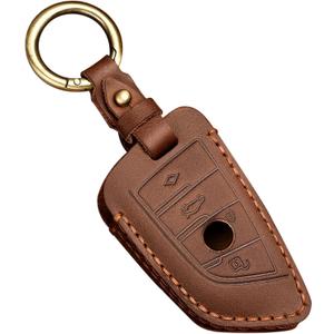 OLLEN Genuine Leather No Screws Key Fob Cover Fit for BMW 5 6 7 Series X1 X2 X3 X5 X6 GT Series etc, Blade Shape, Brown