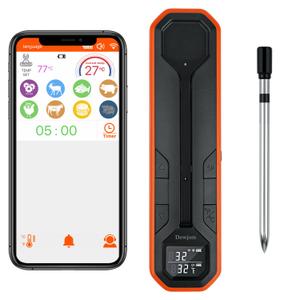 Wireless Meat Thermometer Digital Cooking Thermometer with Wireless Probe 500Ft Remote Range Food Thermometer with iOS & Android Read App -Preprogrammed Temperatures for BBQ, Oven, Grill (Tangerine)