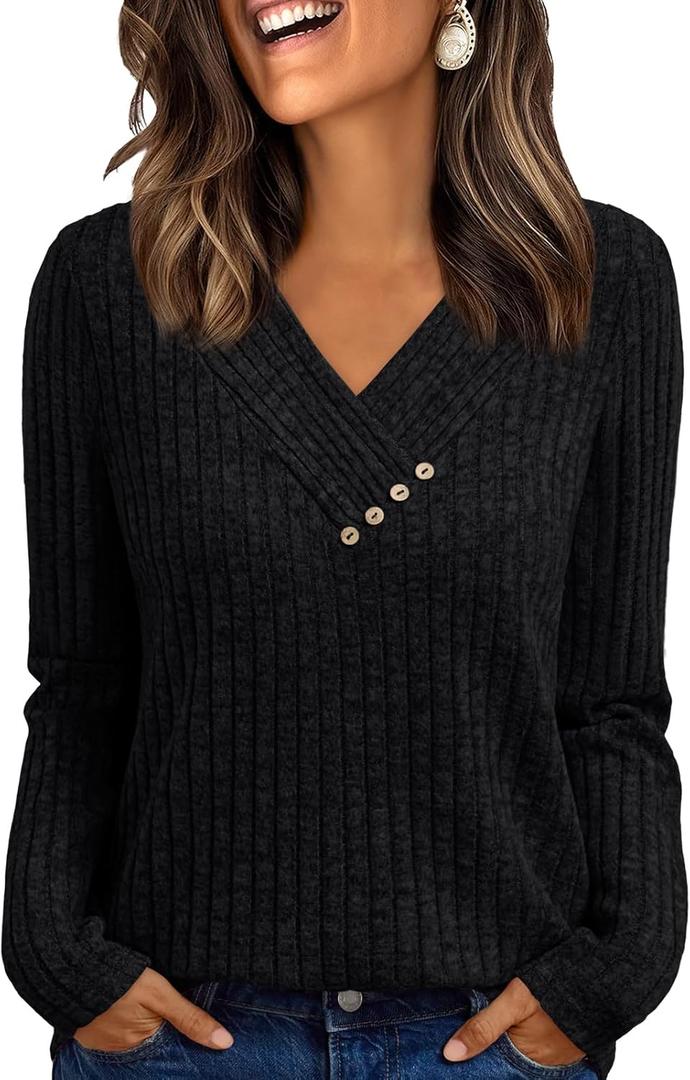 AUTOMET Womens Long Sleeve Shirt Fall Fashion 2025 V Neck Sweater Tunic Tops Dressy Casual Work Blouse Trendy Winter Clothing (Large, Black)