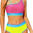 Funnycokid Girls Swimsuit Two Piece Bathing Suit Adjustable Straps Kids Bikini Sets Teens Swimwear 9-16Y (9-10 Years, Hotpink Yellow)