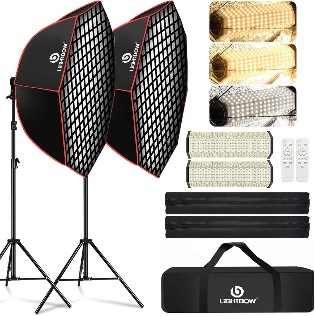 Light Box Photography Lighting Kit:2-Pack 37" Octa Softbox,Honeycomb Grid,110W LED Lamps,RC,Tripod Stands for Studio Light,Video Recording,Portraits,Model/Food/Pet/Baby/Product Shoots & Live Streaming