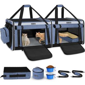 Double Large Cat Carrier with Litter Box and Privacy Curtain(Blue)
48"Lx17"Wx17"H, Lockable Zippers and Seat Belt Buckles, Soft Cat Car Travel Carrier, for Multiple Cats Long Distance Trip
