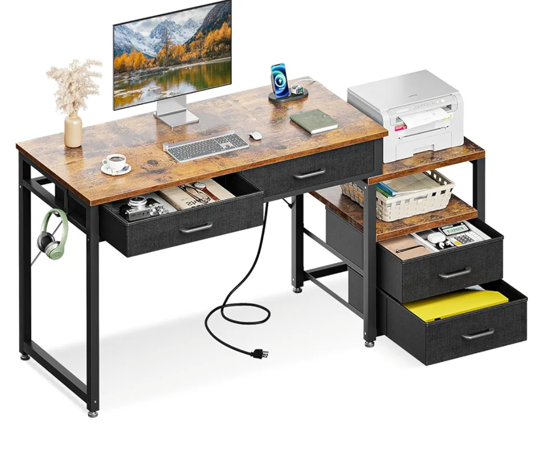 AODK Computer Desk with 4 Drawers & Power Outlet, 53 Inch Reversible Computer Desk with Storage Shelf, Office Desk with Printer Stand, Modern Simple Study Writing Work Table for Bedroom, Rustic Brown