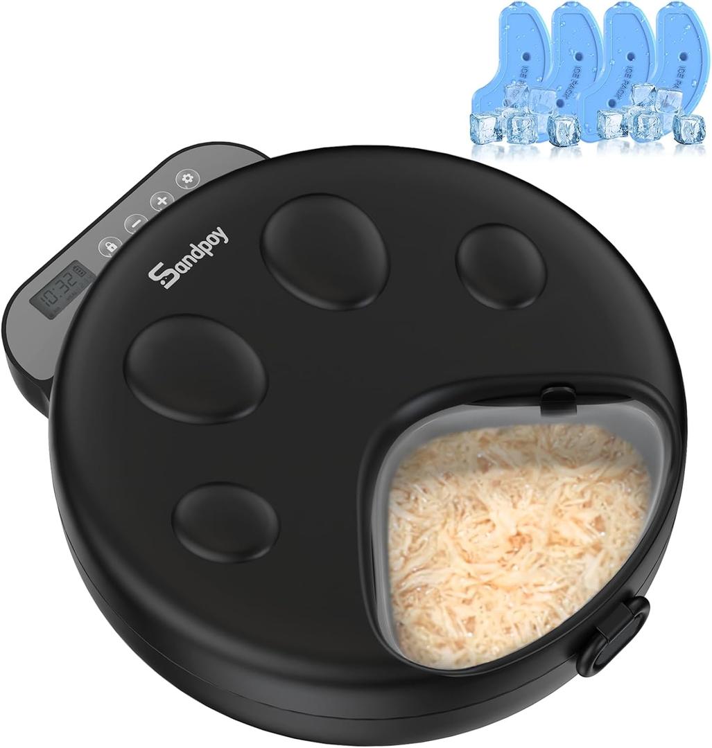 Automatic Cat Feeder Wet Food,Cordless Wet Pet Food Dispenser with 4 Ice Packs,4 Meals Per Day Fresh Food Refrigerated Container,Programmable Timed Battery Operated Auto Feeder for Kitten(Black)