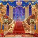 7x5ft Fabric Love Day Wedding Hall Backdrop Glitter Golden Staircase Floral Rose Curtain Photography Background Romantic Party Decorations Photo Booth Banner