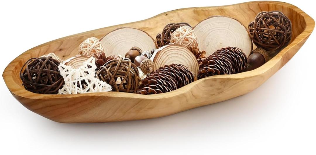 Dough Bowl, 15.7 Inch Natural Wavy Wooden Wood Fruit Bowl with Sculpted Edges, Solid Wood Kitchen Counter Organizer, Handmade Wooden Dough Bowl Decor, Wooden Dough Bowls Decoration Driftwood Decor (Dark Brown)