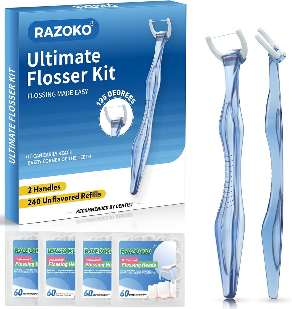 RAZOKO Flosser Kit, Shred-Resistant, Insert & Rotate 90 to 135 for Hard-to-Reach Areas, PTFE & PFAS Free, 2 Handles + 240 Refill Heads, Blue