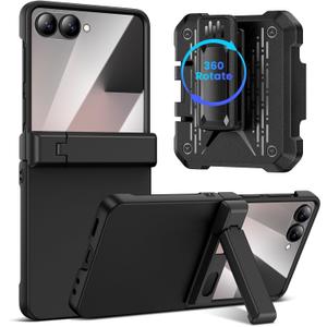 VEGO for Galaxy Z Flip 7 Case with Belt Clip [Built-in Screen Protector] Hidden Foldable Kickstand Hinge Protection Full-Body Shockproof Support Wireless Charging Phone Case for Samsung Flip 7 -Black