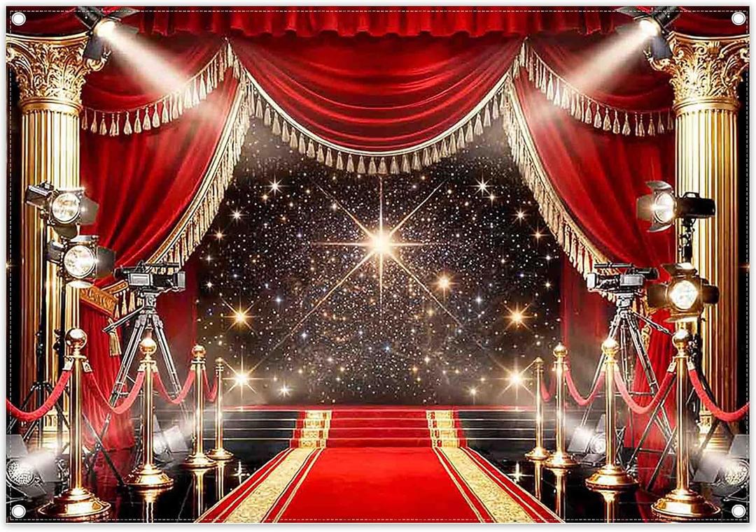 7x5ft Red Carpet Backdrop Glitter Spotlight Fashion Show Movie Night Stars Photography Background Graduation Wedding Birthday Party Decorations Photo Banner Props