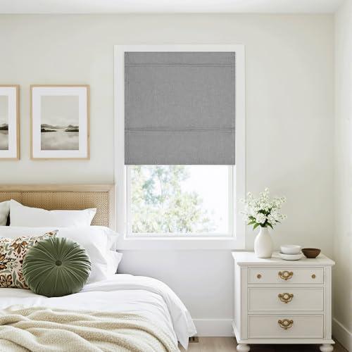 RYB HOME 100% Blackout Roman Shades for Windows, Linen Fabric Magnetic Cordless Roman Blinds for French Door/Bedroom Windows, Length Adjustable No Drill Easy to Install, Grey, W30xH64, 1 Panel