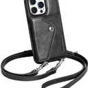 LUCKYCOIN for iPhone 14 Pro, Crossbody Wallet Phone Case with Expandable Card Holder, Premium Full Grain Leather Phone Purse with Adjustable Strap, Hands-Free Wallet Cover for Woman - Retro Black