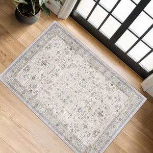 Washable 2x3 Throw Rugs for Entryway, Front Door Mat, Low Pile Non-Slip Small Area Rugs for Kitchen, Bathroom, Powder Room, Mudroom, Neutral Light Grey with Floral Accent