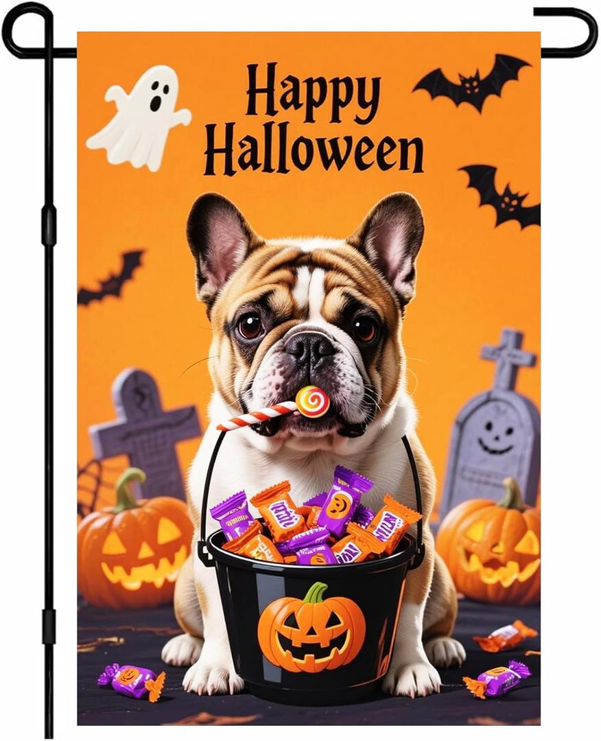 IVN Halloween Garden Flag 12x18 Inch Double Sided Dog French Bulldog Mummy Pumpkin Candy Trick or Treat Jack O Lantern Outdoor Fall Yard Flag for Outside Home Front Door Lawn Porch Patio Welcome Decor