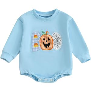 Baby Boy Girl Halloween Boo Outfit Candy Corn/Pumpkin/Spiderweb Oversized Sweatshirt Romper Newborn Fall Clothes (Blue)