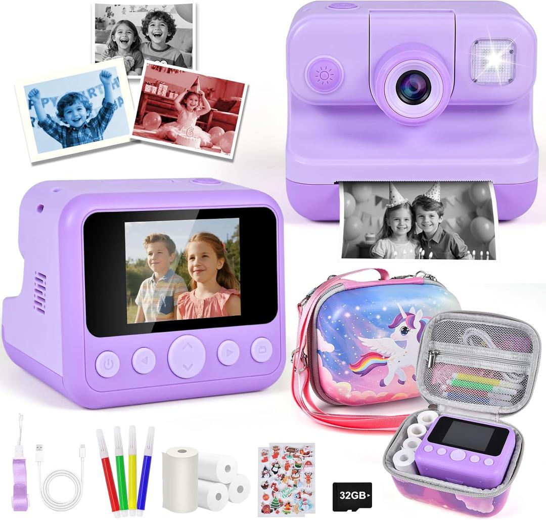 Kids Instant Print Camera, 30MP 1080P HD Digital Camera for Boys Girls with Color Pens & 32GB Card, Christmas Birthday Gifts Kids Toys for 3-12 Years Old (Purple) (Purple with Bonus Carry Bag)