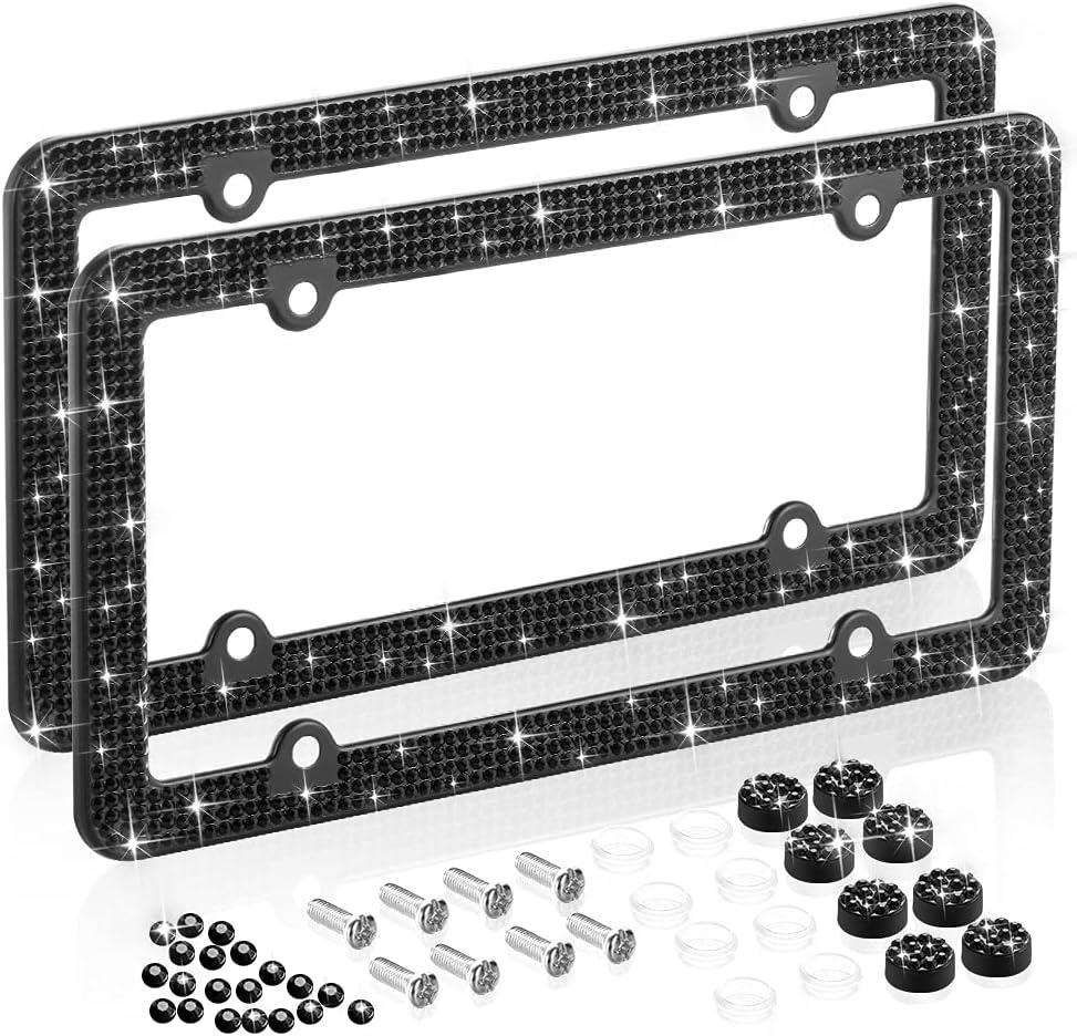 Bling Rhinestone License Plate Frames for Women, 4 Row Rhinestone Diamond Metal Stainless Stee License Plate Cover Bling Car Accessories Decoration (2 Pack, 4 Holes Black)