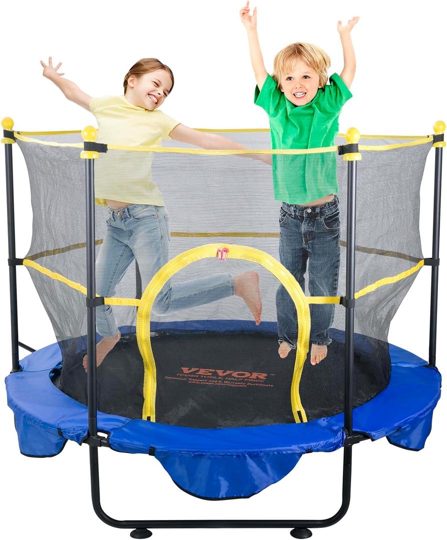 VEVOR 5FT Trampoline for Kids, 60" Indoor Outdoor Trampolines with Safety Enclosure Net, Basketball Hoop and Ocean Balls, Mini Toddler Recreational Birthday Gifts for 3+ Years Kids