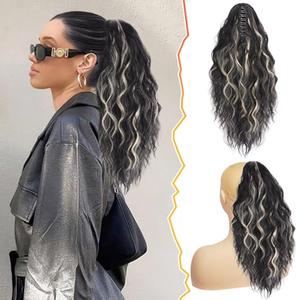 BARSDAR 18 Inch Claw Clip Highlight Ponytail Extension – Thick Soft Wavy Curly Clips in Ponytail Hairpieces for Women – Natural Looking Synthetic Claw Clip Hair Extensions – Black Mix Blonde