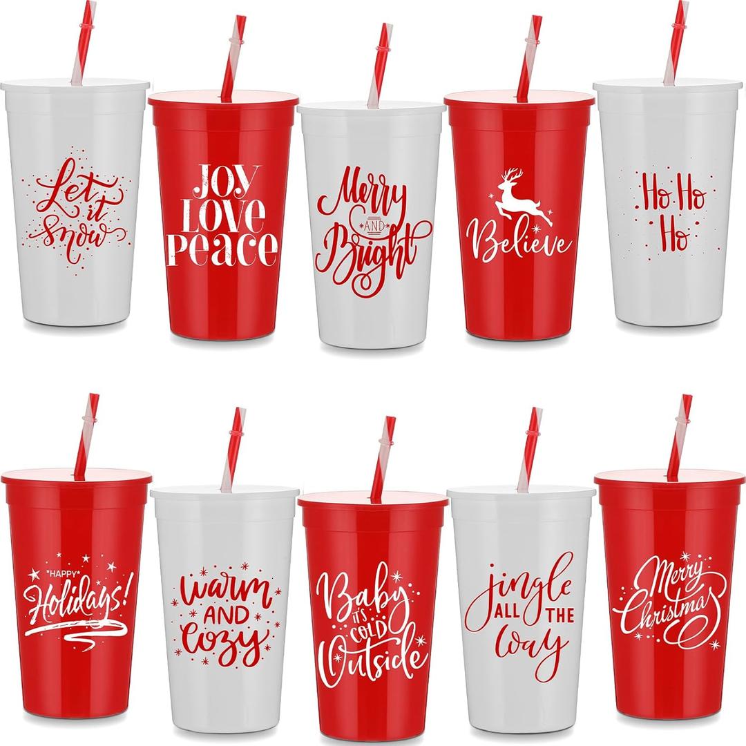 Sliner 10 Pcs 34 oz Christmas Tumbler with Straw Lid Winter Holiday Coffee Mug Cup Reusable Plastic Cup Xmas Joy Love Peace Believe School Classroom Rewards Party Supplies for Student from Teacher