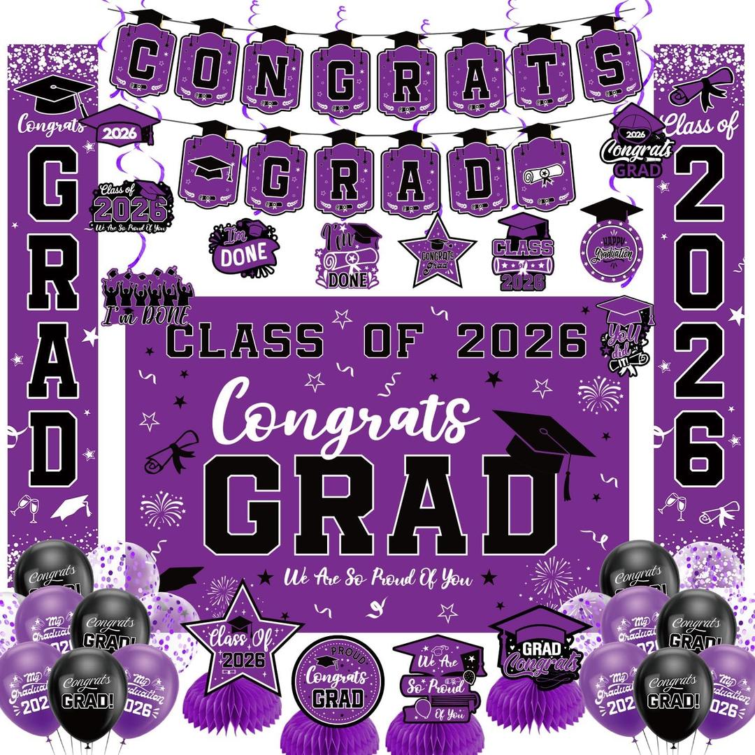 Graduation Decorations 2026 Purple Set, Congrats Grad Decor Set with Banner Backdrop Porch Sign,Hanging Swirls Honeycomb Centerpieces Balloons for Grad Party Decorations (Purple)