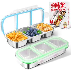 2 Pack Stainless Steel Snack Containers with Lids - Reusable 3 Compartment Snackle Box Container Divide Wet Dry Leakproof Metal Food Storage Containers for School, Home, Travel (Blue + Green)