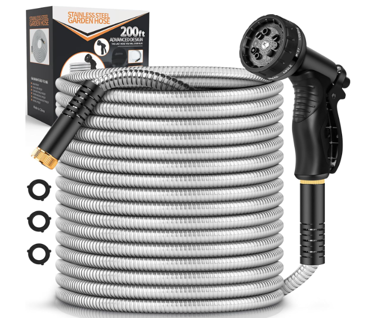 Rcfunkid Garden Hose 200FT No-Kink Metal Hose With 10 Function Nozzle Tough