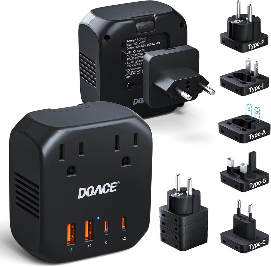 Upgraded 2000W Voltage Converter US to Europe - 220V to 110V Converter for European Travel, Power Converter Adapter Combo with 2 PD/2 QC/EU/UK/AU/IT Travel Plugs for Hair Dryer Laptop, Camera, Phone