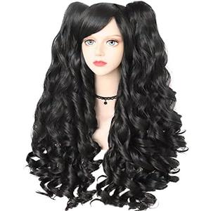 ANOGOL Hair Cap+ Black Cosplay Wig With Clip-on Ponytails Long Curly Wigs with Bangs for Halloween Costume Party Girls Women 2 Curly Pigtails Black Lolita Cosplay Wigs