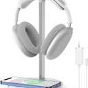 Headphone Stand with Wireless Charger, Gaming Headset Holder Hanger Rack 2 IN 1 Wireless Charging Station Dock for iPhone 15/14/13/12/11 Series, Samsung, AirPods Pro/3/2 and Desk All Headphones, White (B-White)