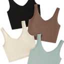 Milumia Women's 4 Pack Ribbed Knit V Neck Sleeveless Plain Fitted Crop Tank Top Set, Size L