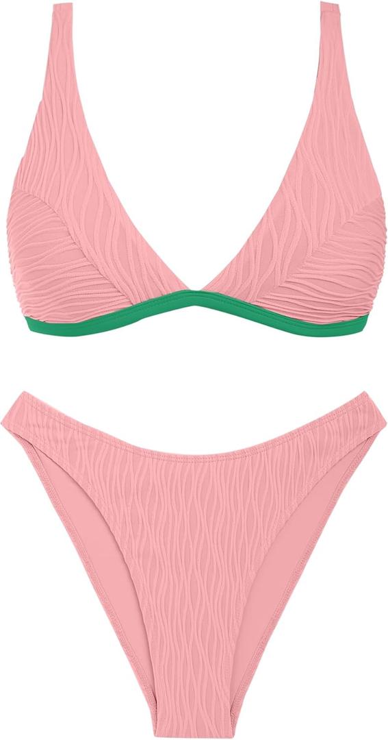 ZAFUL Textured Bikini Sets for Women Plunging Neck Cheeky Bathing Suit High Waisted Swimsuits 2 Piece Swimwear 2025 (Medium, Pink & Green)