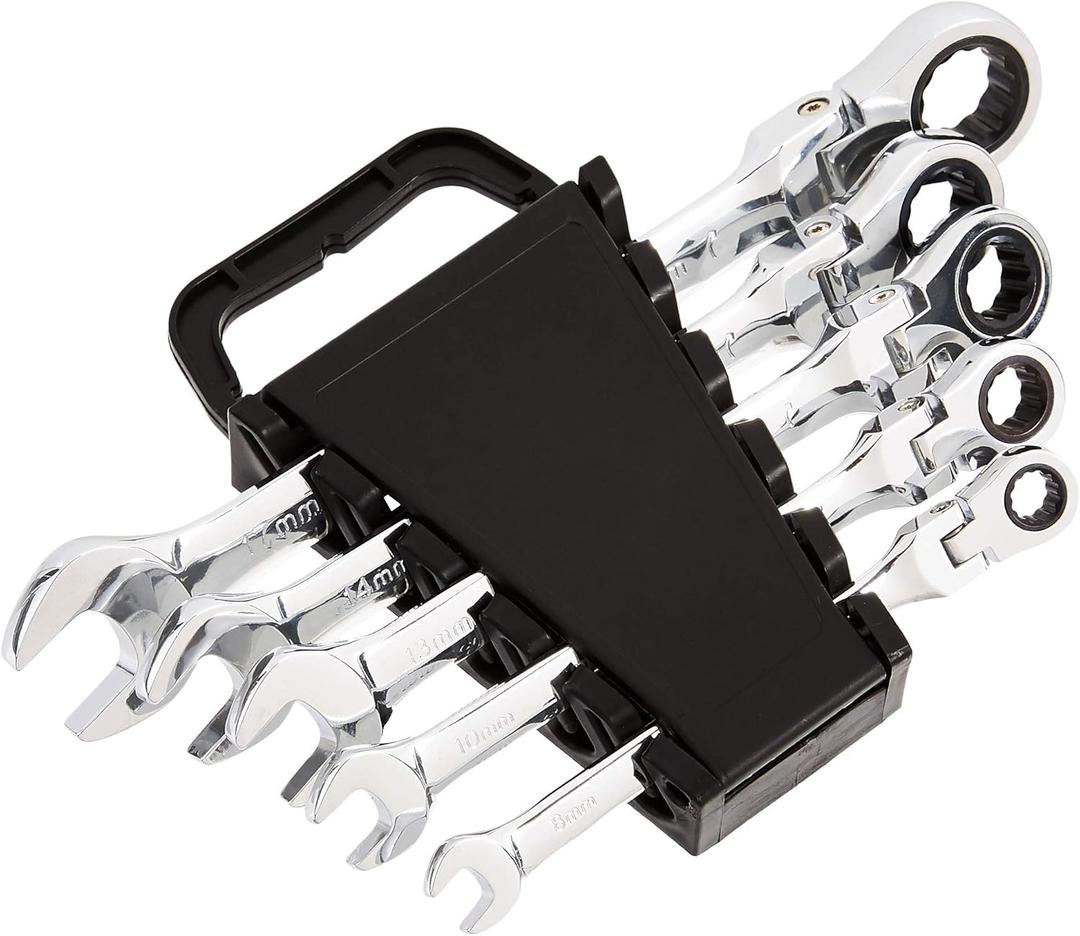 Amazon Basics 72-Tooth Ratcheting Combination Wrench Set, Chrome Vanadium Steel Flex Head, 5-Piece Metric, 180° Flexible