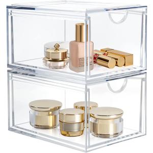 2 Pack Clear Stackable Storage Drawer, Bathroom Makeup Organizer, Plastic Storage Bins, Acrylic Organization and Storage for Vanity, Kitchen Cabinets, Pantry, Undersink