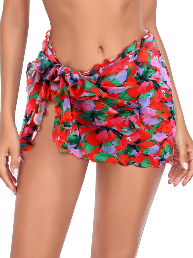 RELLECIGA Women's Beach Sarong Short Wraps (Medium, Red Floral)