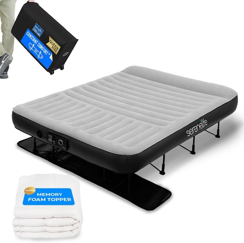 SereneLife Luxe Inflatable Air Mattress with Frame - Wall Plug AC Powered Auto Inflating Pressure Maintaining Pump - Luxury Air Bed Set with Memory Foam Cover, Headrest, Rolling Zip Carry Case (Queen)