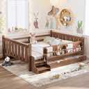 Bellemave Natural Montessori Bed with Stairs and 2 Storage Drawers, Queen Size Montessori Bed Frame with Large Bookcase, Headboard and Footboard, Low Profile Beds Frame for Girls, Boys, Queen