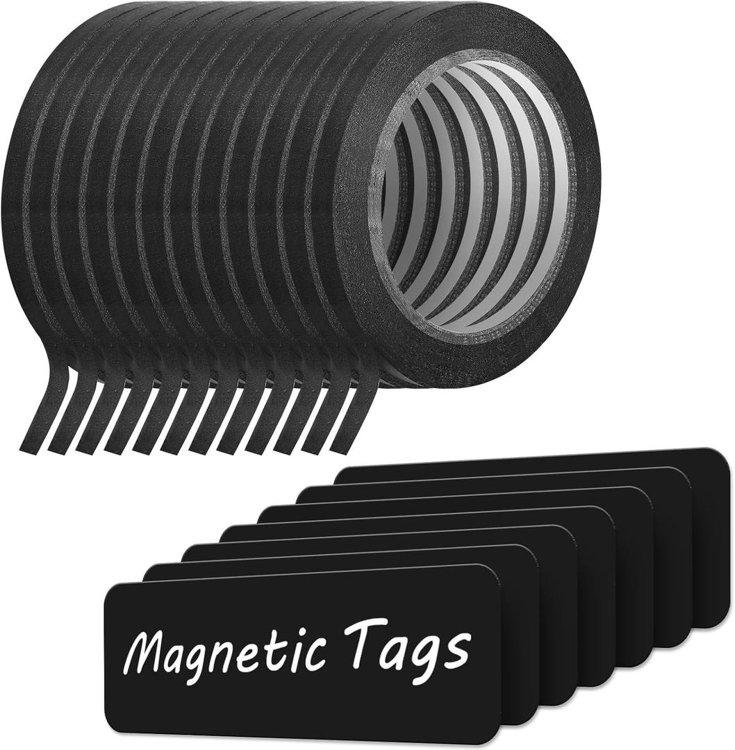 Fainne 12 Roll 1/8 Whiteboard Thin Tape with 54 Magnetic Dry Erase Label Name Plate Tag Magnetic Name Tag Pinstriping Tape for Back to School Office Supplies (Black)