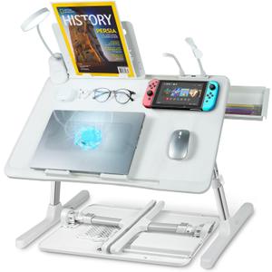 Laptop Lap Desk With Cooling Fan - Adjustable With Light, USB, Storage Drawer - Folding Bed Desk, 23.62"x15.74", White (White,60*40cm)