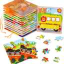 SANNIX 12 Pack Wooden Jigsaw Puzzles for Toddlers 3 4 5 Years Old, Party Favors Transportation Jigsaw for Kids, Educational Puzzles Travel Toy with 12 Organize Bags