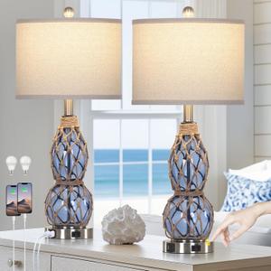 26" Coastal Glass Table Lamps Set of 2, 3-Way Dimmable Touch Lamps with USB Ports and AC Outlet, Nautical Bedside Lamps for Bedroom Living Room
