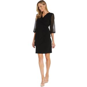 Elegant Mini Cocktail Dress W/Sheer Rhinestone Balloon Sleeves (Black, 16W)