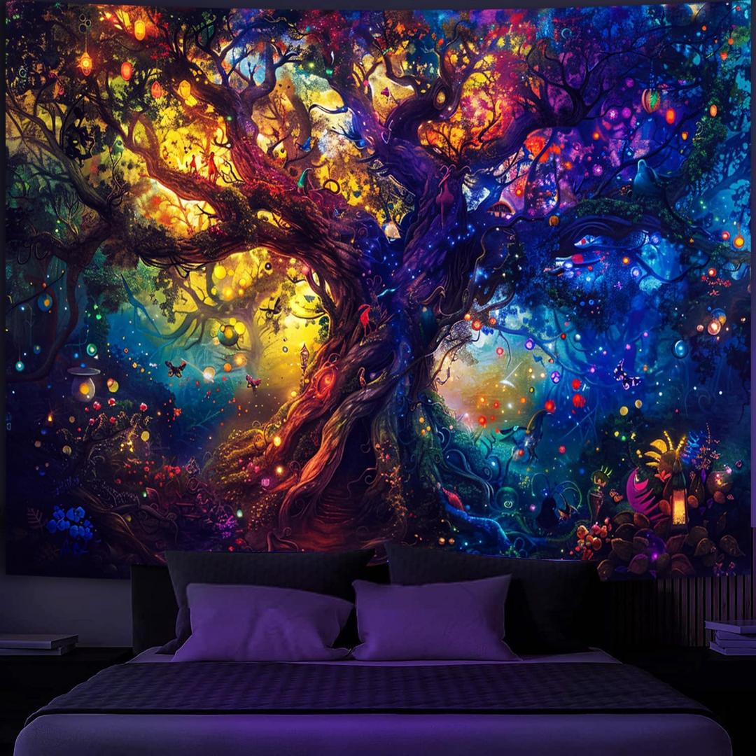 Simpkeely Blacklight Tree of Life Tapestry, Fantasy Forest Fairy Tapestry Nature UV Reactive Colorful Tree Magical Elves Wall Hanging Tapestries for Bedroom - 70" x 90"
