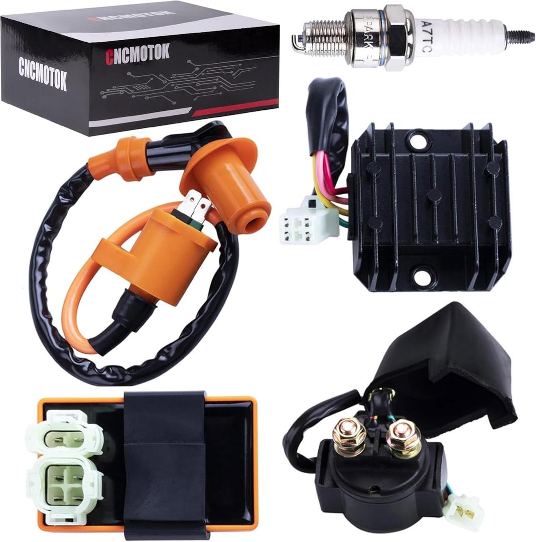 High Performance Racing GY6 Ignition Coil Voltage Regulator Rectifier Solenoid Relay 6 Pin AC CDI Spark Plug Kit for 50cc 125cc 150cc ATV Quad Go Kart Moped Scooter, Black